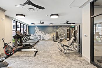 A gym with cardio equipment and exercise machines at the enclave at woodbridge apartments in sugar land
